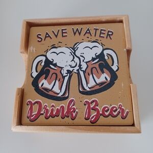 Four Save Water Drink Beer Coasters With Wooden Holder